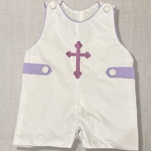 NOLA Smocked Baby Romper Cross Embroidered Bright White Purple Gingham 3M Easter
